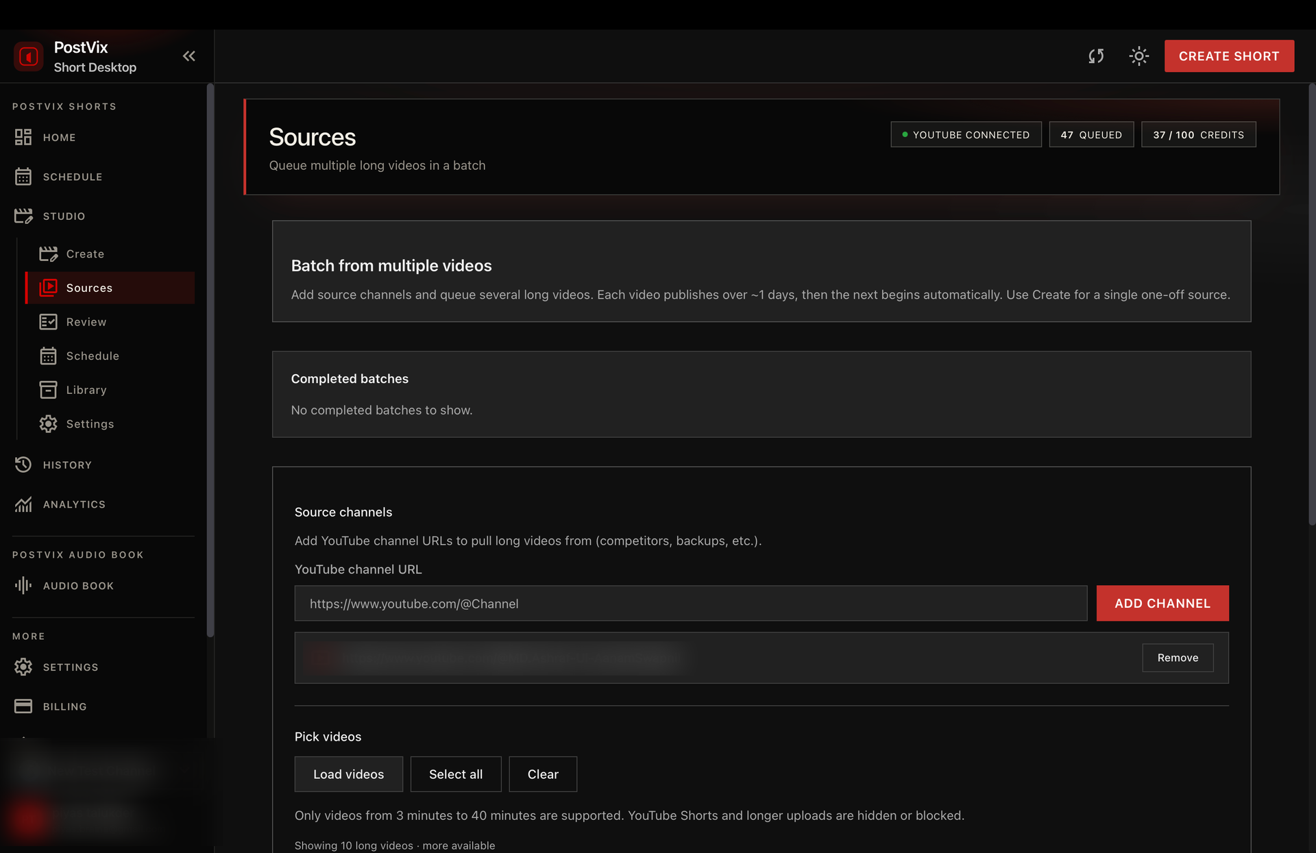 PostVix Short Desktop sources and batch screen